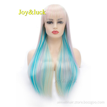 Long Straight Wig 24 inch Blonde Rainbow Colored Synthetic Wigs for Women Daily or Cosplay Wig Hair Style